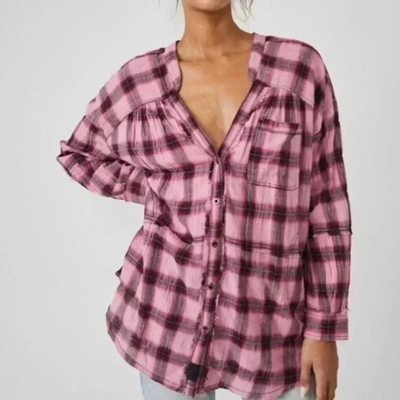 We The Free One of the Boys Plaid Tunic in Dusty Pink Combo Oversized Medium - Picture 1 of 16